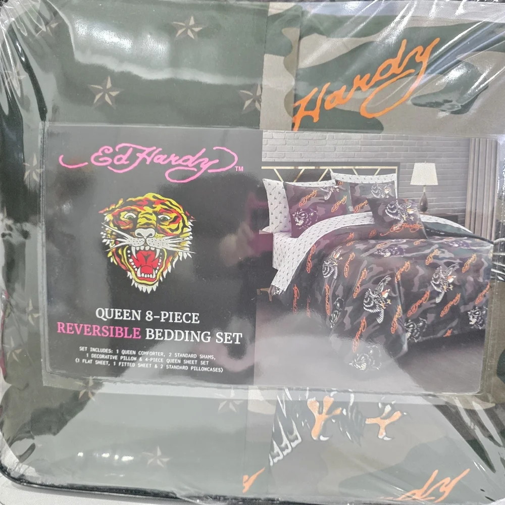 Ed Hardy Queen 8 Piece Camo Eagle Comforter Bedding Set